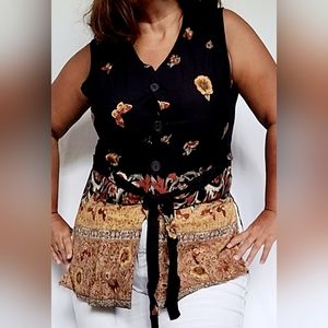 Rolling Over Women's VTG 100%Rayon Top Blouse w/Belt Black/Terracotta Paisley L